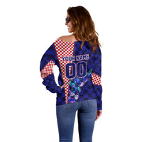 Personalized Croatia Football Off Shoulder Sweater Checkerboard Graphic - Golden Champion Trophy And Flag