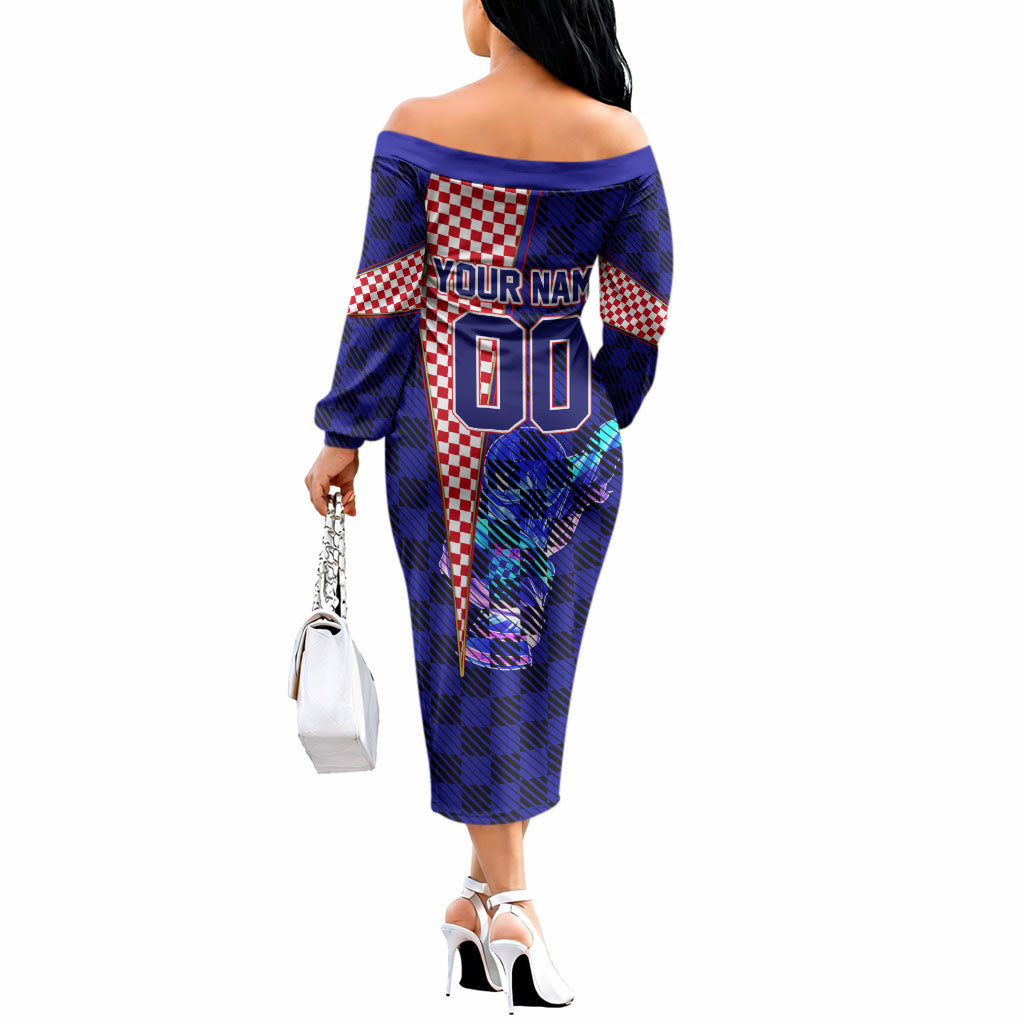 Personalized Croatia Football Off The Shoulder Long Sleeve Dress Checkerboard Graphic - Golden Champion Trophy And Flag