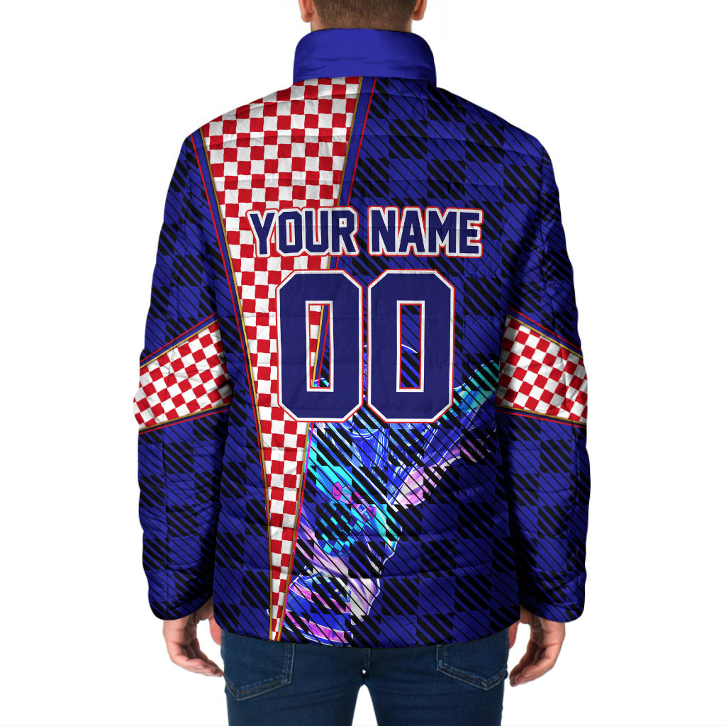 Personalized Croatia Football Padded Jacket Checkerboard Graphic - Golden Champion Trophy And Flag