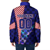 Personalized Croatia Football Padded Jacket Checkerboard Graphic - Golden Champion Trophy And Flag