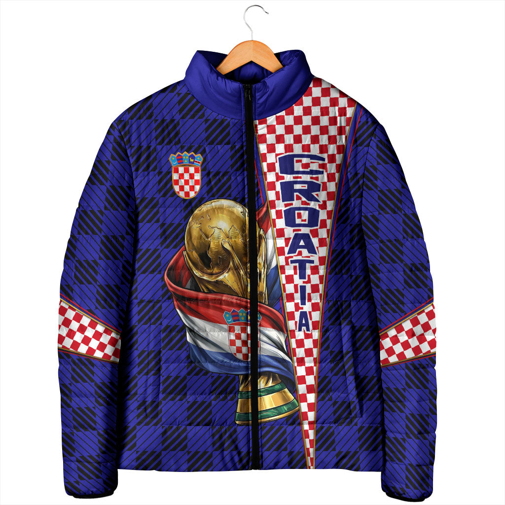 Personalized Croatia Football Padded Jacket Checkerboard Graphic - Golden Champion Trophy And Flag
