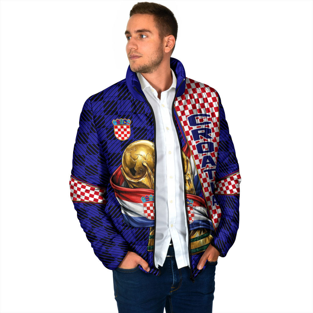 Personalized Croatia Football Padded Jacket Checkerboard Graphic - Golden Champion Trophy And Flag