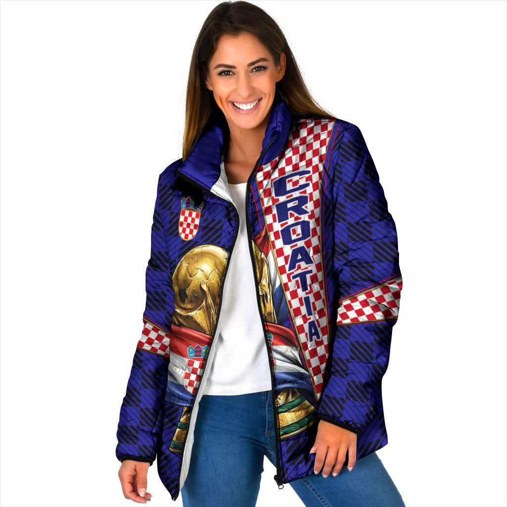 Personalized Croatia Football Padded Jacket Checkerboard Graphic - Golden Champion Trophy And Flag