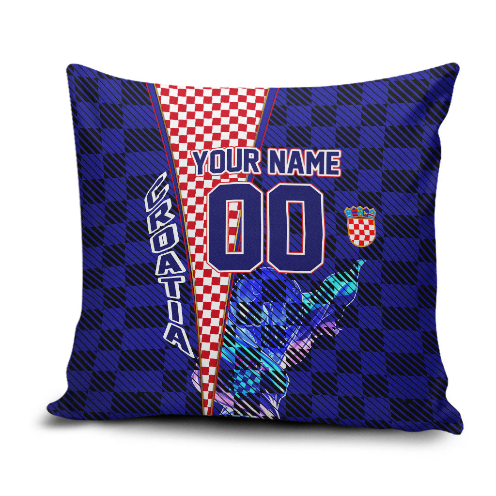 Personalized Croatia Football Pillow Cover Checkerboard Graphic - Golden Champion Trophy And Flag