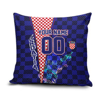 Personalized Croatia Football Pillow Cover Checkerboard Graphic - Golden Champion Trophy And Flag