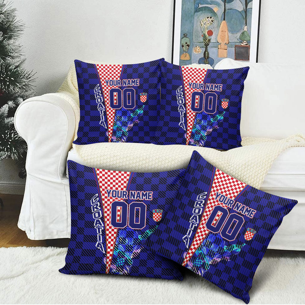 Personalized Croatia Football Pillow Cover Checkerboard Graphic - Golden Champion Trophy And Flag