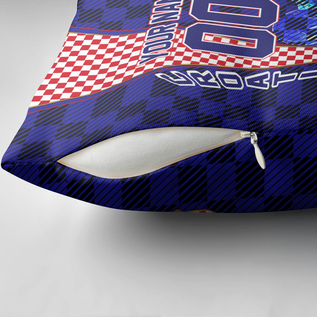 Personalized Croatia Football Pillow Cover Checkerboard Graphic - Golden Champion Trophy And Flag