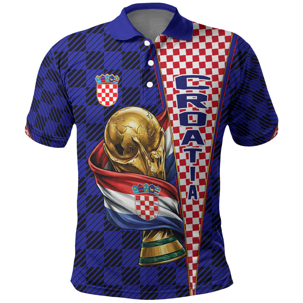 Personalized Croatia Football Polo Shirt Checkerboard Graphic - Golden Champion Trophy And Flag