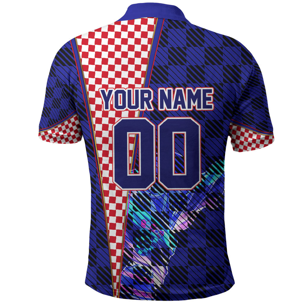 Personalized Croatia Football Polo Shirt Checkerboard Graphic - Golden Champion Trophy And Flag