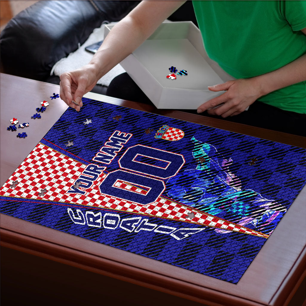 Personalized Croatia Football Puzzle Checkerboard Graphic - Golden Champion Trophy And Flag