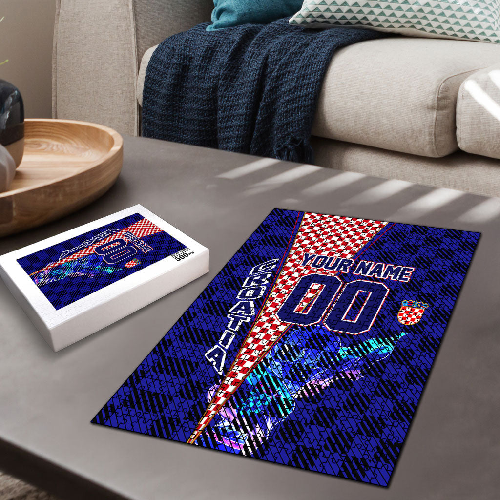 Personalized Croatia Football Puzzle Checkerboard Graphic - Golden Champion Trophy And Flag