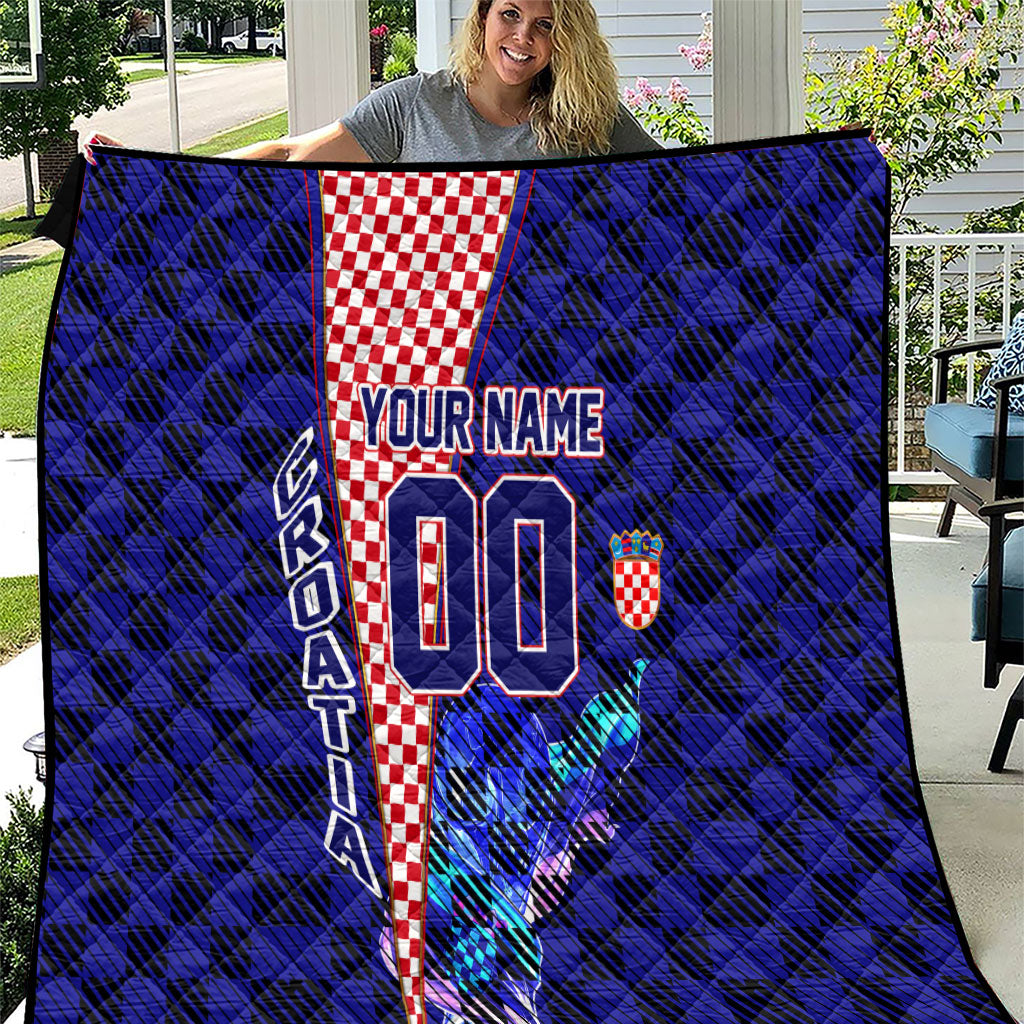 Personalized Croatia Football Quilt Checkerboard Graphic - Golden Champion Trophy And Flag