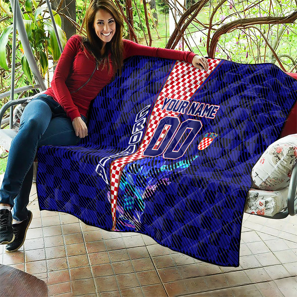 Personalized Croatia Football Quilt Checkerboard Graphic - Golden Champion Trophy And Flag