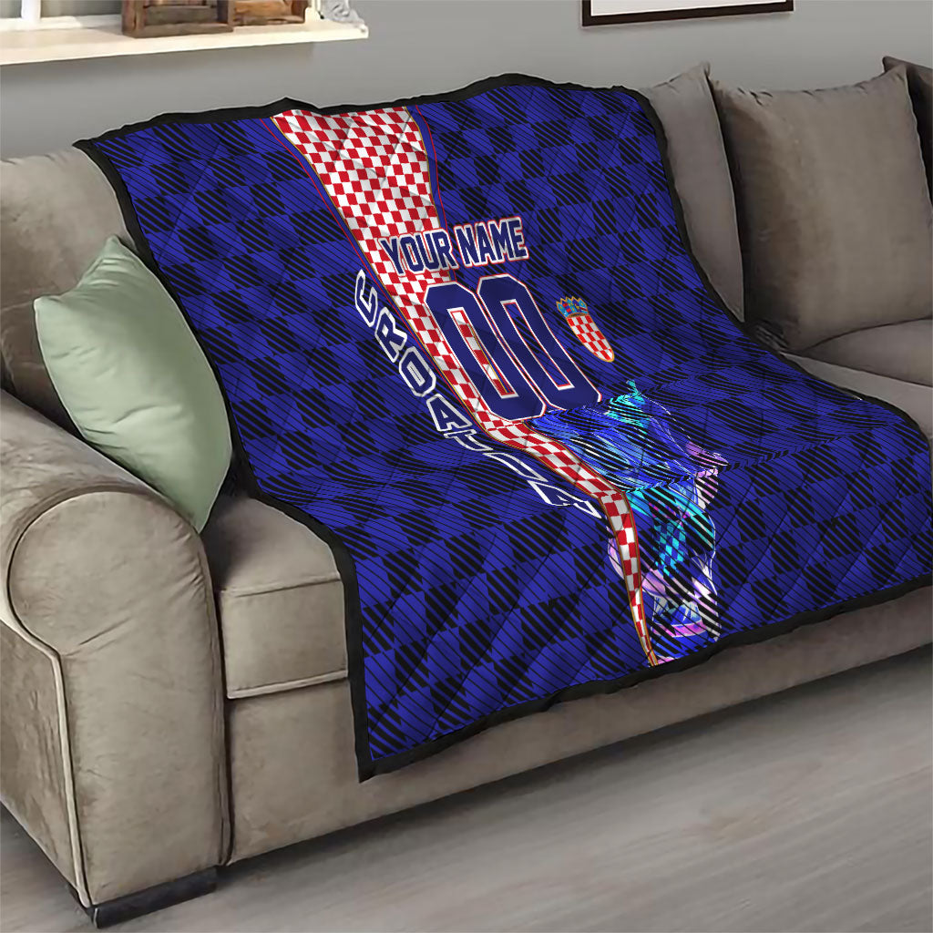 Personalized Croatia Football Quilt Checkerboard Graphic - Golden Champion Trophy And Flag
