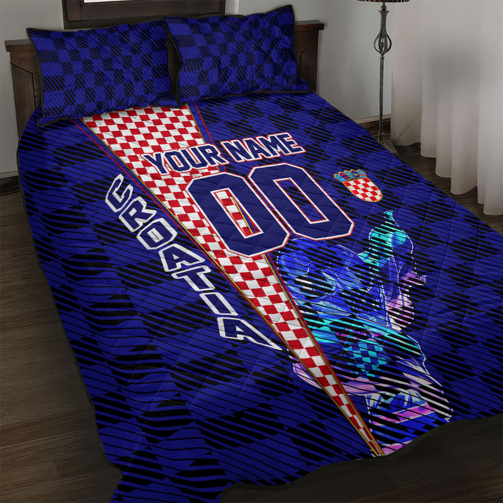 Personalized Croatia Football Quilt Bed Set Checkerboard Graphic - Golden Champion Trophy And Flag