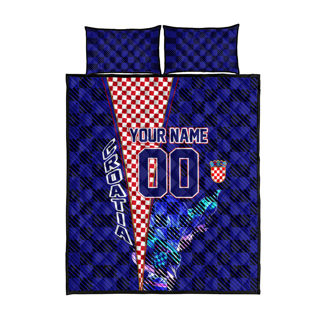 Personalized Croatia Football Quilt Bed Set Checkerboard Graphic - Golden Champion Trophy And Flag