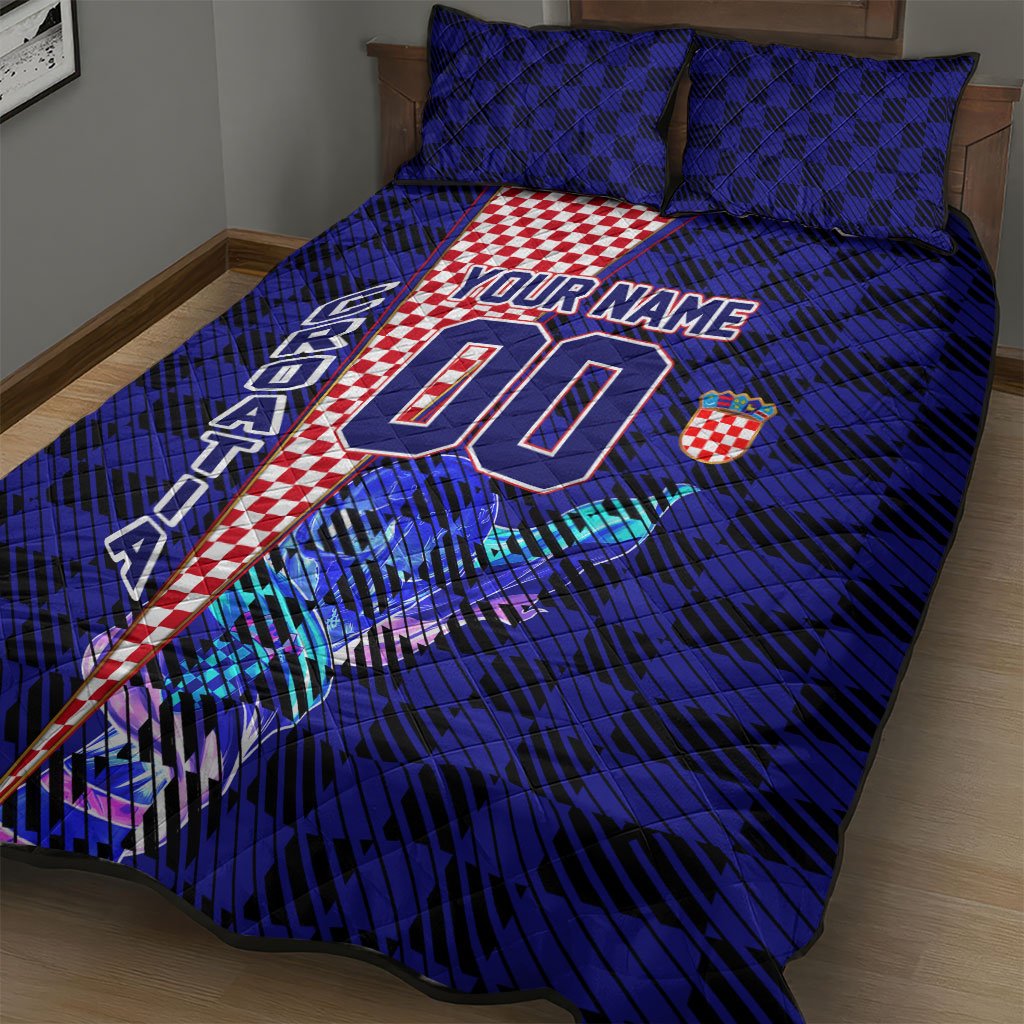 Personalized Croatia Football Quilt Bed Set Checkerboard Graphic - Golden Champion Trophy And Flag