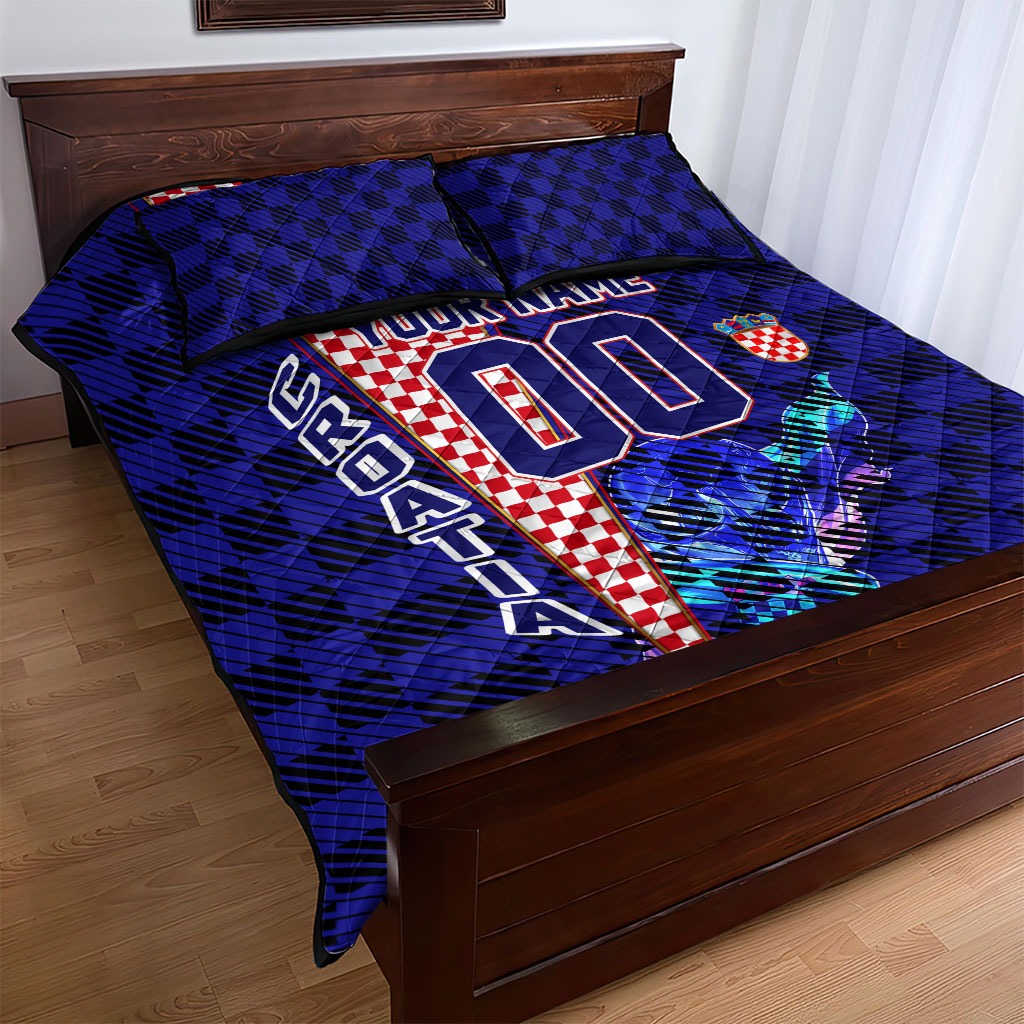 Personalized Croatia Football Quilt Bed Set Checkerboard Graphic - Golden Champion Trophy And Flag