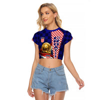 Personalized Croatia Football Raglan Cropped T Shirt Checkerboard Graphic - Golden Champion Trophy And Flag