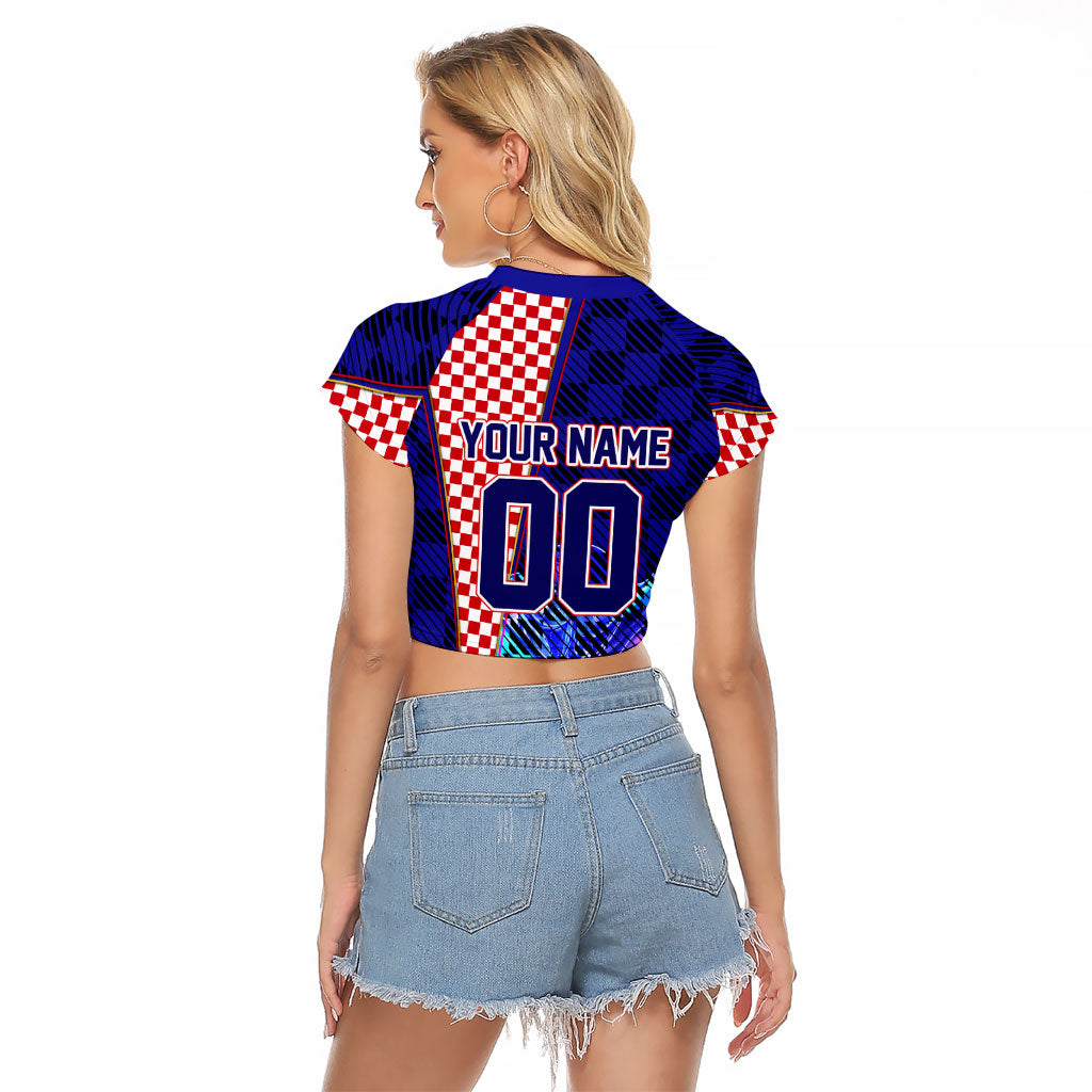 Personalized Croatia Football Raglan Cropped T Shirt Checkerboard Graphic - Golden Champion Trophy And Flag