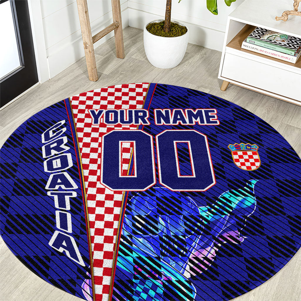 Personalized Croatia Football Round Carpet Checkerboard Graphic - Golden Champion Trophy And Flag