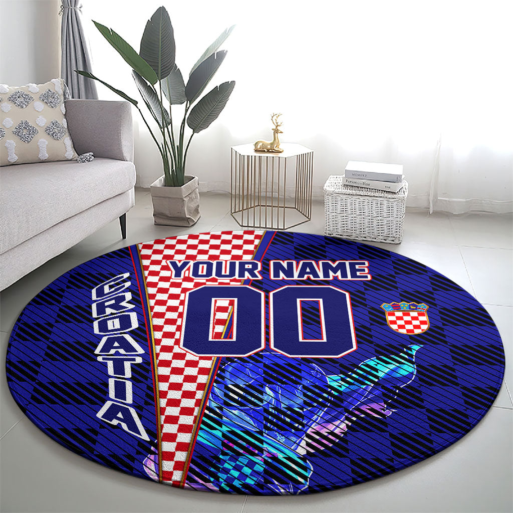 Personalized Croatia Football Round Carpet Checkerboard Graphic - Golden Champion Trophy And Flag