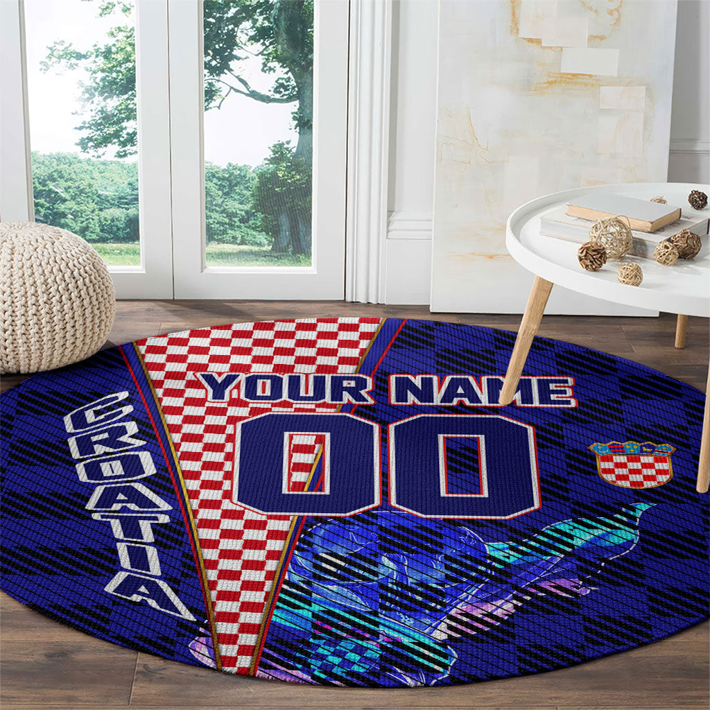 Personalized Croatia Football Round Carpet Checkerboard Graphic - Golden Champion Trophy And Flag