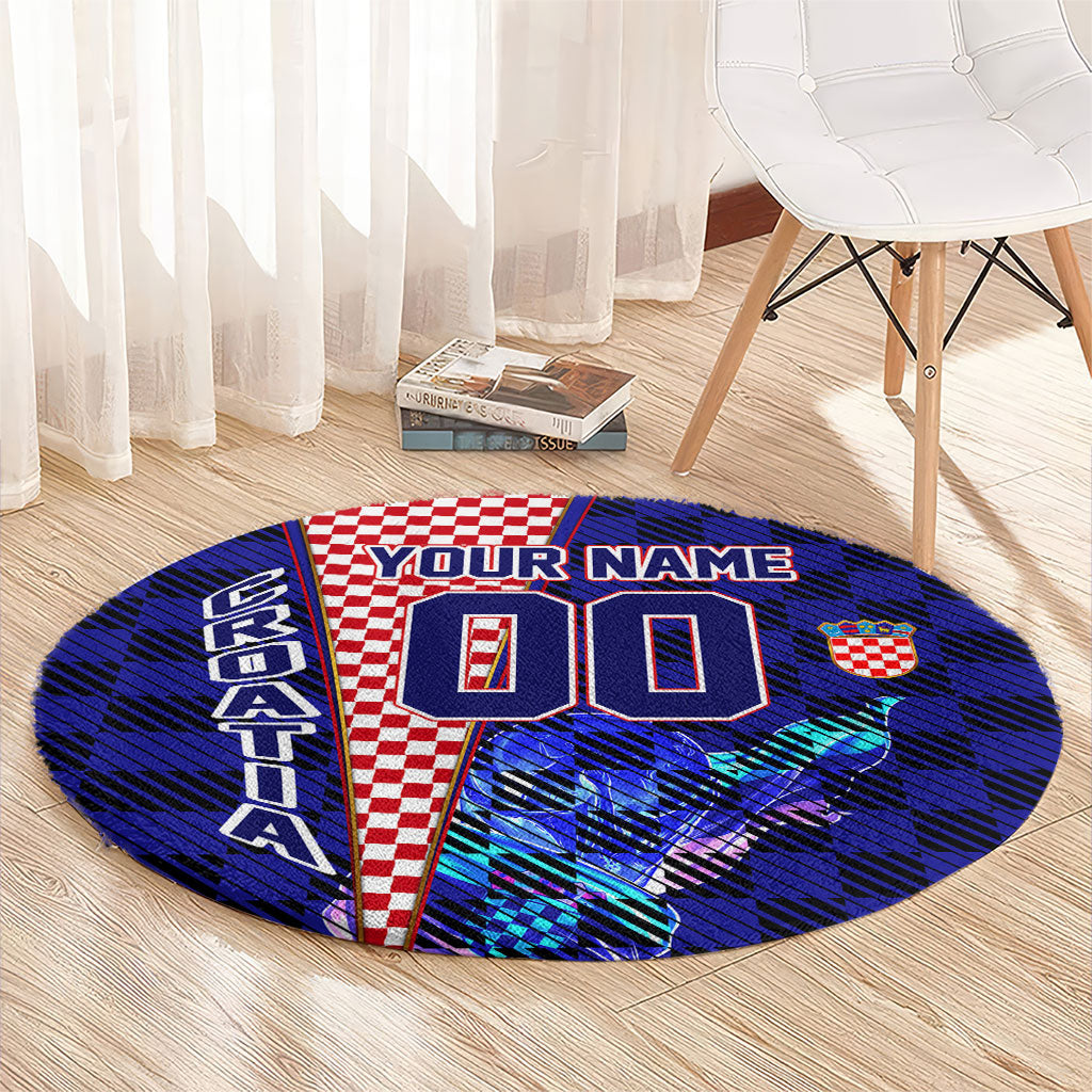Personalized Croatia Football Round Carpet Checkerboard Graphic - Golden Champion Trophy And Flag
