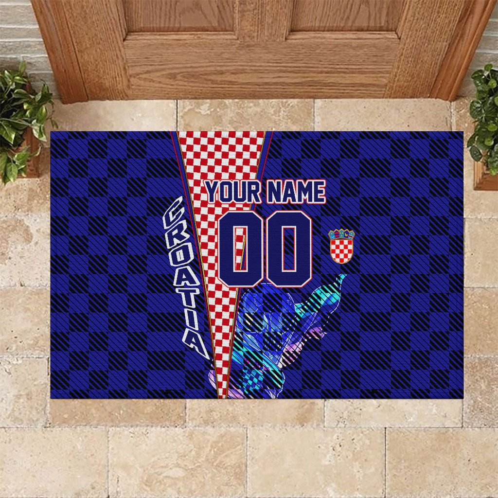 Personalized Croatia Football Rubber Doormat Checkerboard Graphic - Golden Champion Trophy And Flag