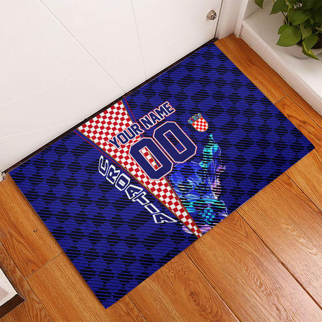 Personalized Croatia Football Rubber Doormat Checkerboard Graphic - Golden Champion Trophy And Flag