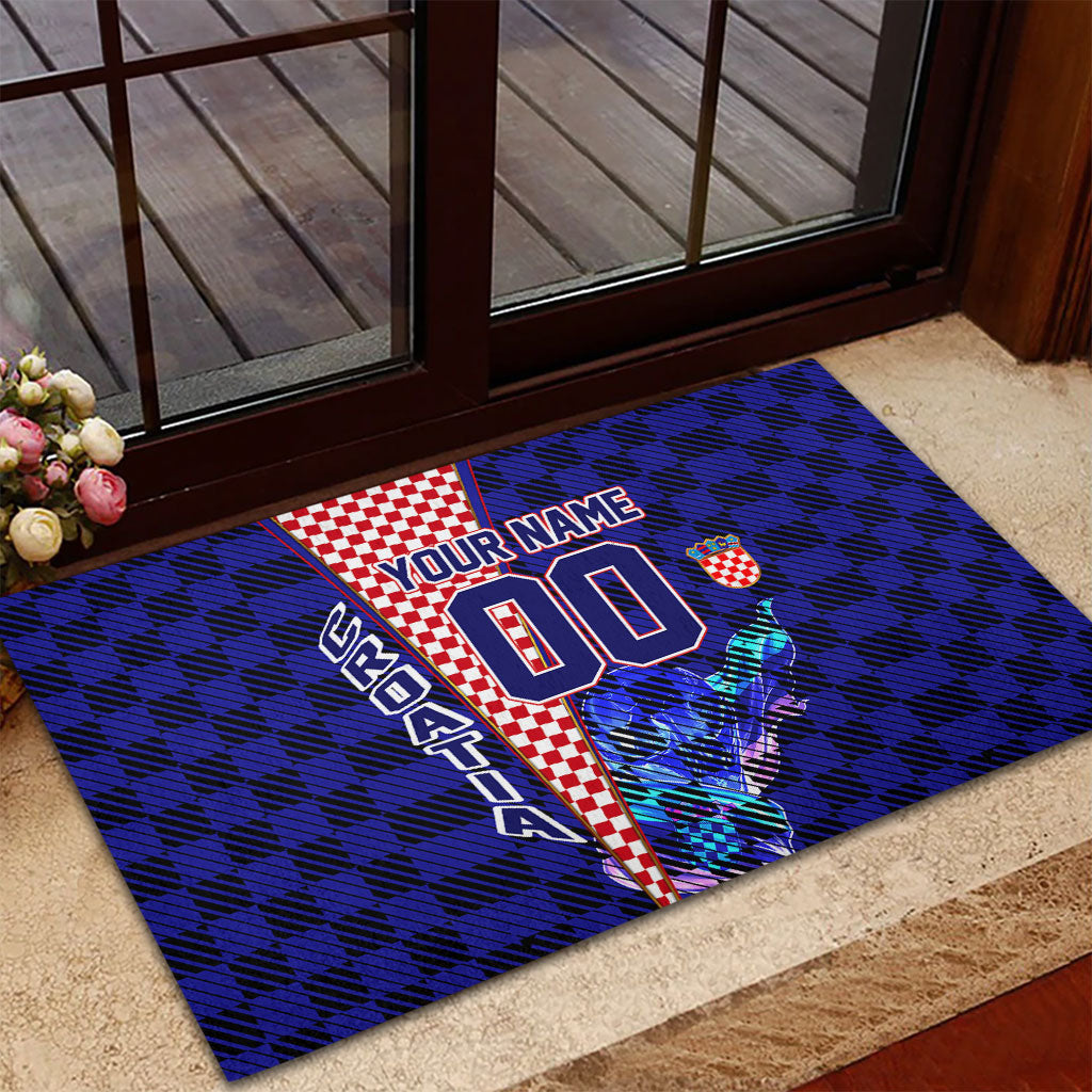 Personalized Croatia Football Rubber Doormat Checkerboard Graphic - Golden Champion Trophy And Flag