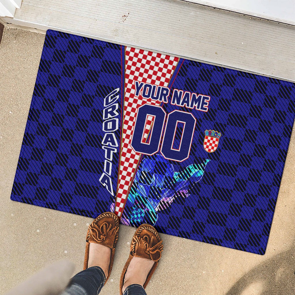 Personalized Croatia Football Rubber Doormat Checkerboard Graphic - Golden Champion Trophy And Flag