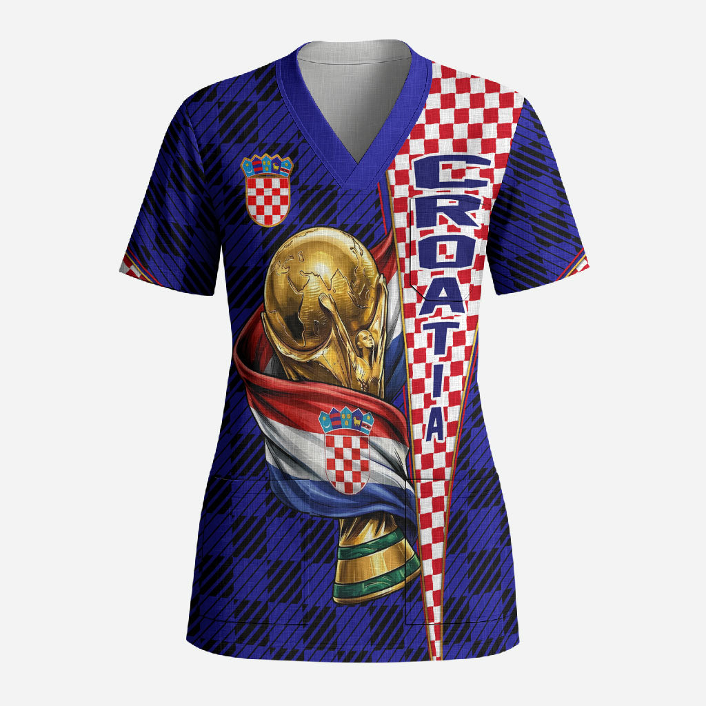 Personalized Croatia Football Scrub Top Checkerboard Graphic - Golden Champion Trophy And Flag