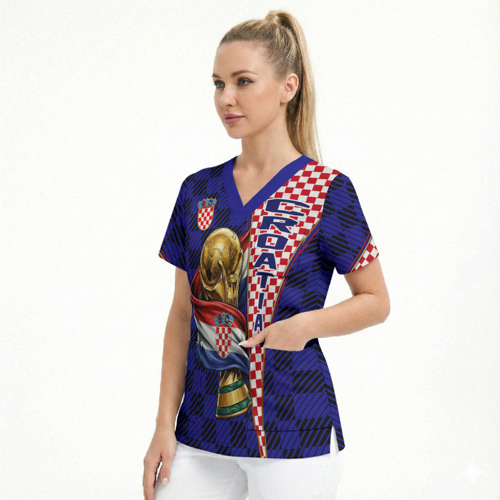 Personalized Croatia Football Scrub Top Checkerboard Graphic - Golden Champion Trophy And Flag