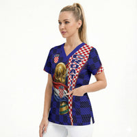 Personalized Croatia Football Scrub Top Checkerboard Graphic - Golden Champion Trophy And Flag