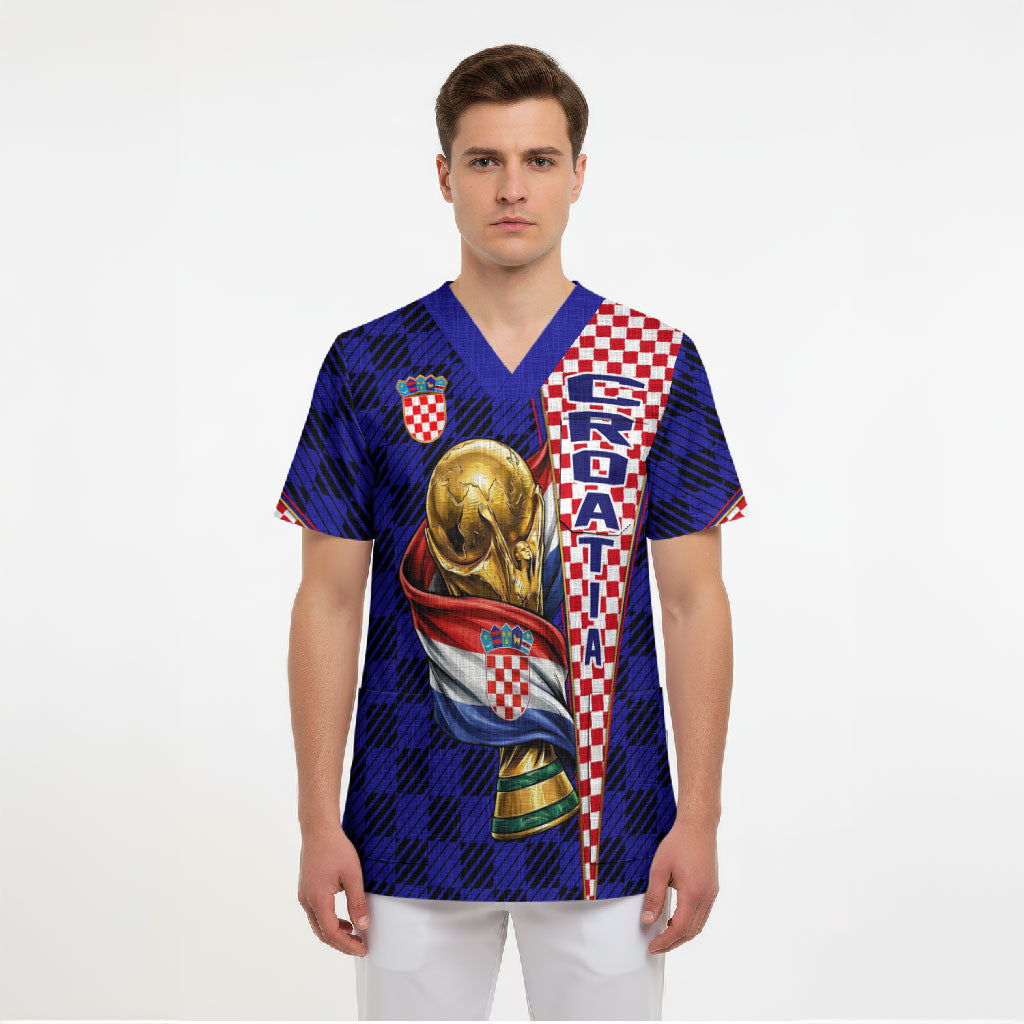 Personalized Croatia Football Scrub Top Checkerboard Graphic - Golden Champion Trophy And Flag