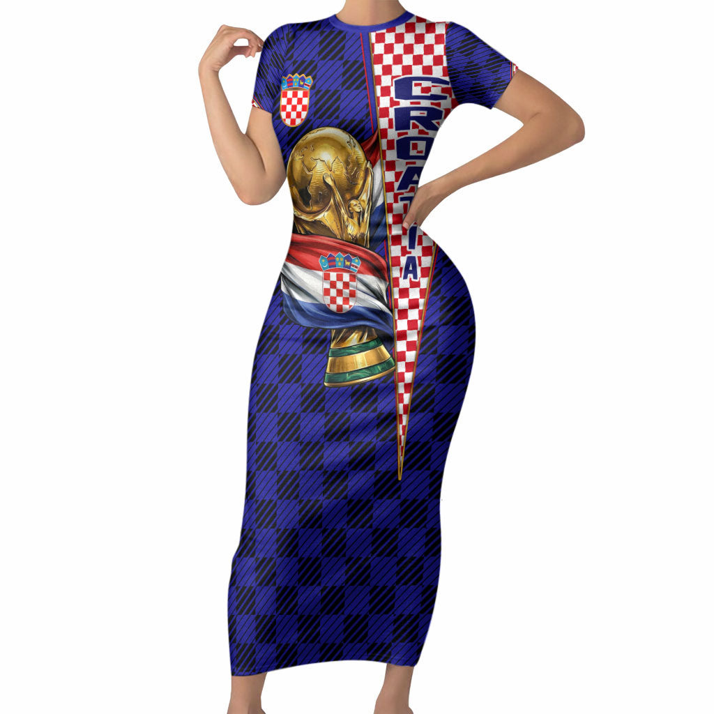 Personalized Croatia Football Short Sleeve Bodycon Dress Checkerboard Graphic - Golden Champion Trophy And Flag