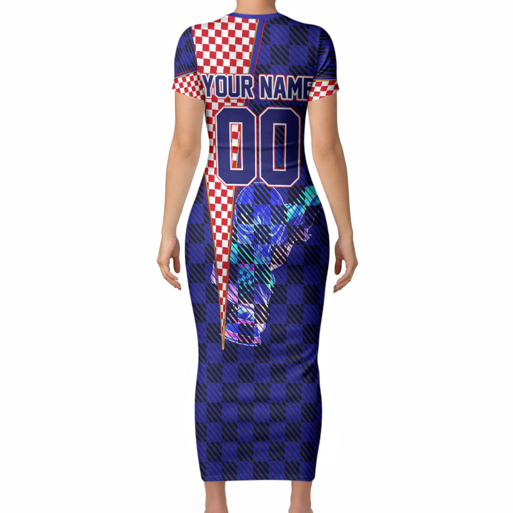 Personalized Croatia Football Short Sleeve Bodycon Dress Checkerboard Graphic - Golden Champion Trophy And Flag