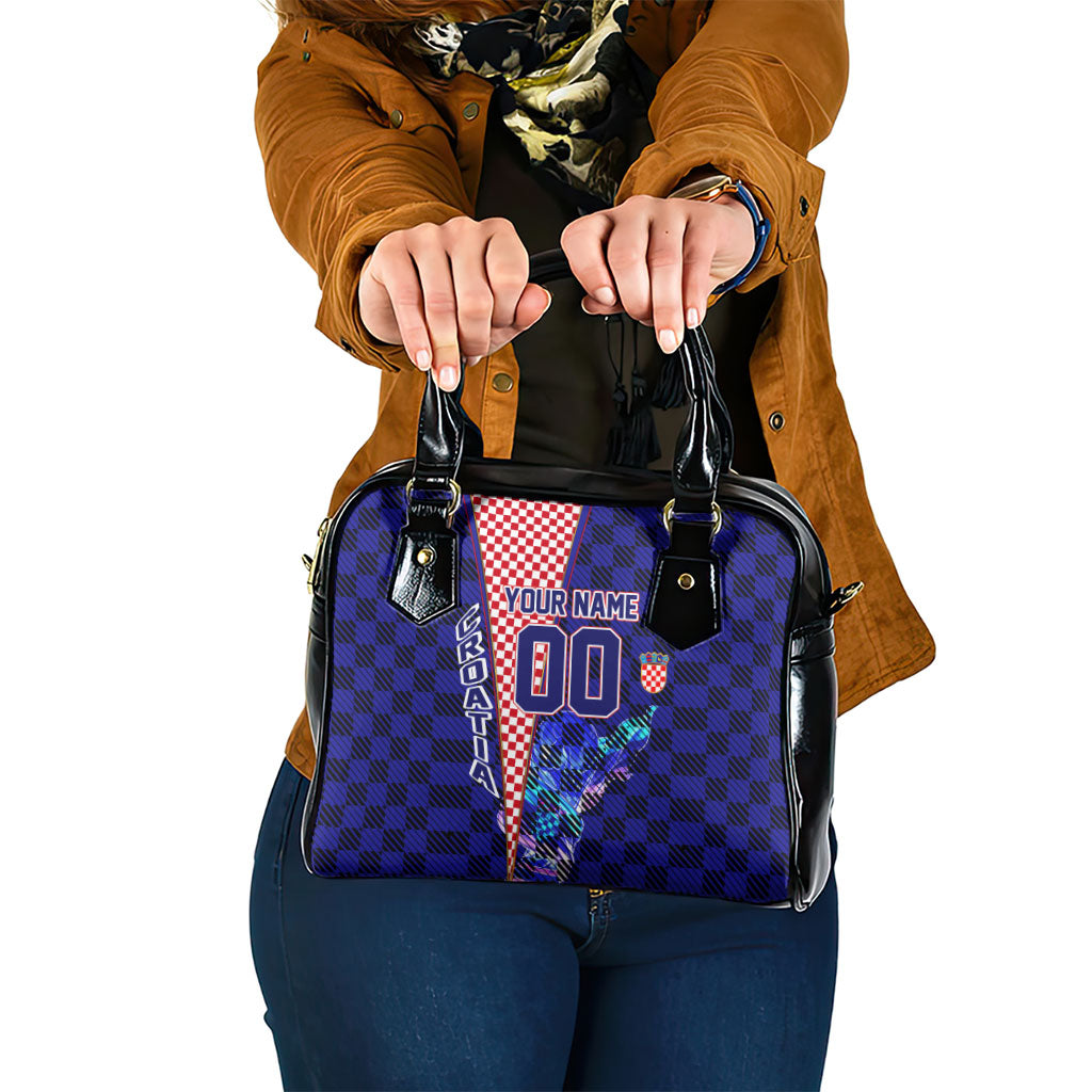 Personalized Croatia Football Shoulder Handbag Checkerboard Graphic - Golden Champion Trophy And Flag