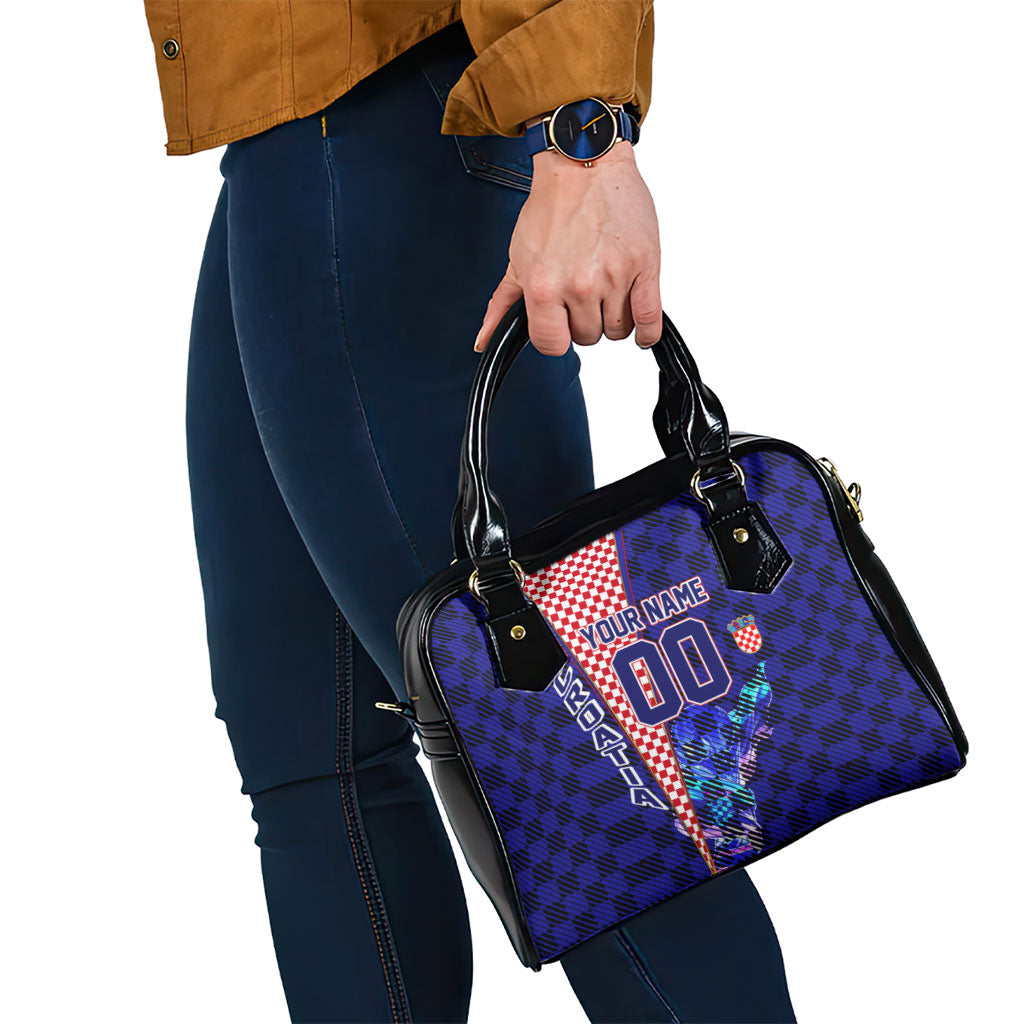 Personalized Croatia Football Shoulder Handbag Checkerboard Graphic - Golden Champion Trophy And Flag