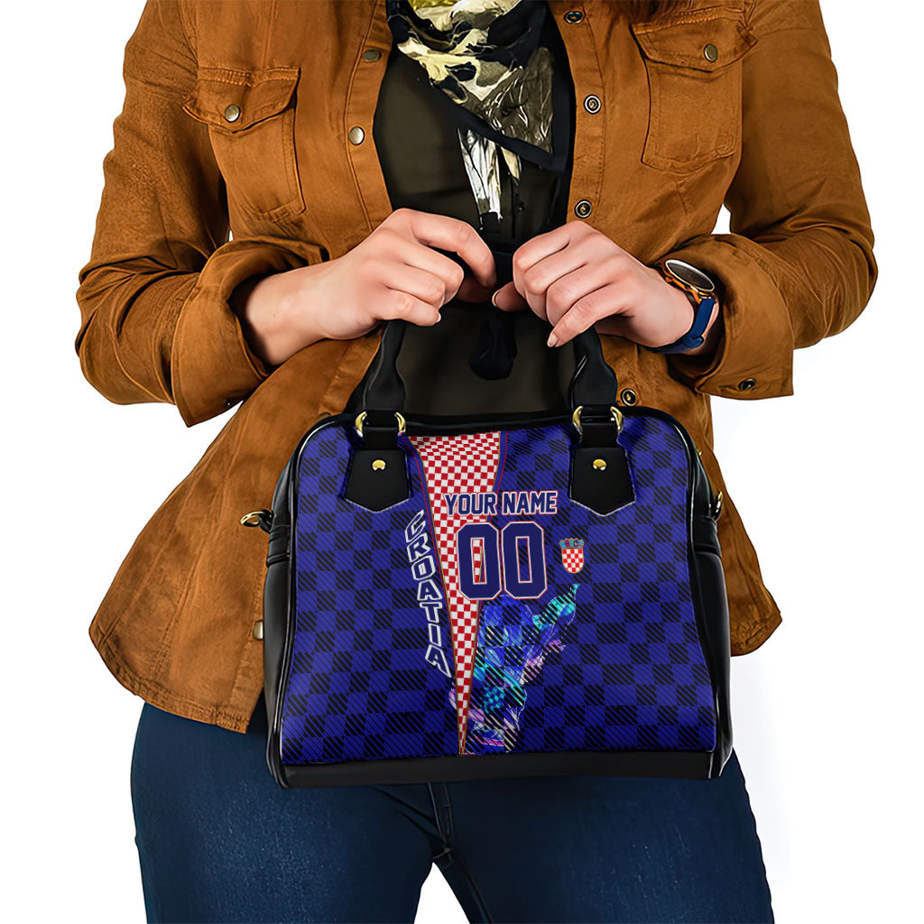 Personalized Croatia Football Shoulder Handbag Checkerboard Graphic - Golden Champion Trophy And Flag