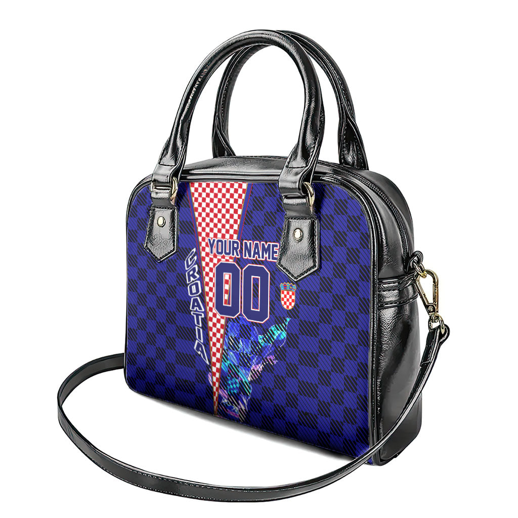 Personalized Croatia Football Shoulder Handbag Checkerboard Graphic - Golden Champion Trophy And Flag