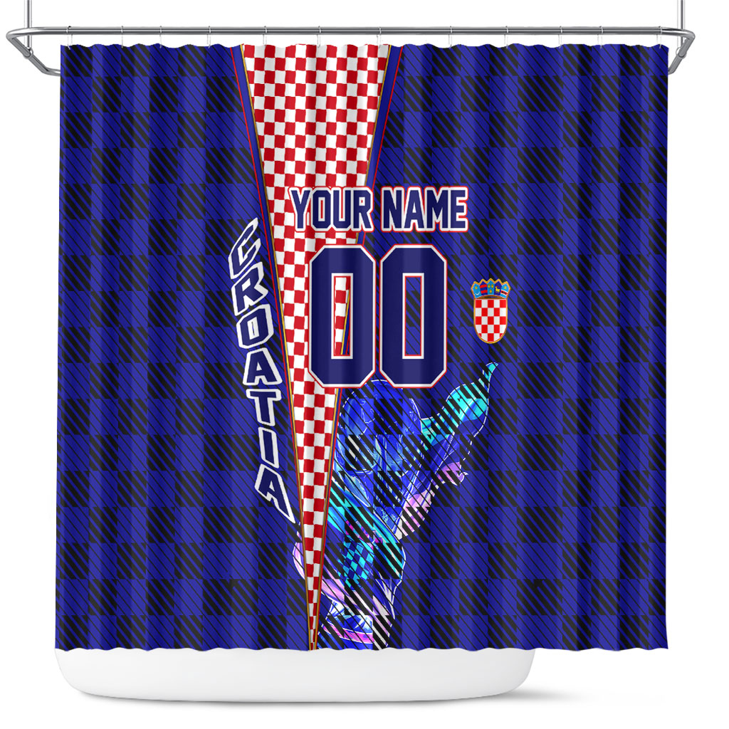 Personalized Croatia Football Shower Curtain Checkerboard Graphic - Golden Champion Trophy And Flag