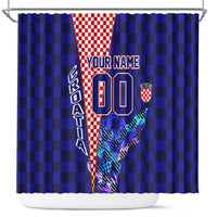 Personalized Croatia Football Shower Curtain Checkerboard Graphic - Golden Champion Trophy And Flag