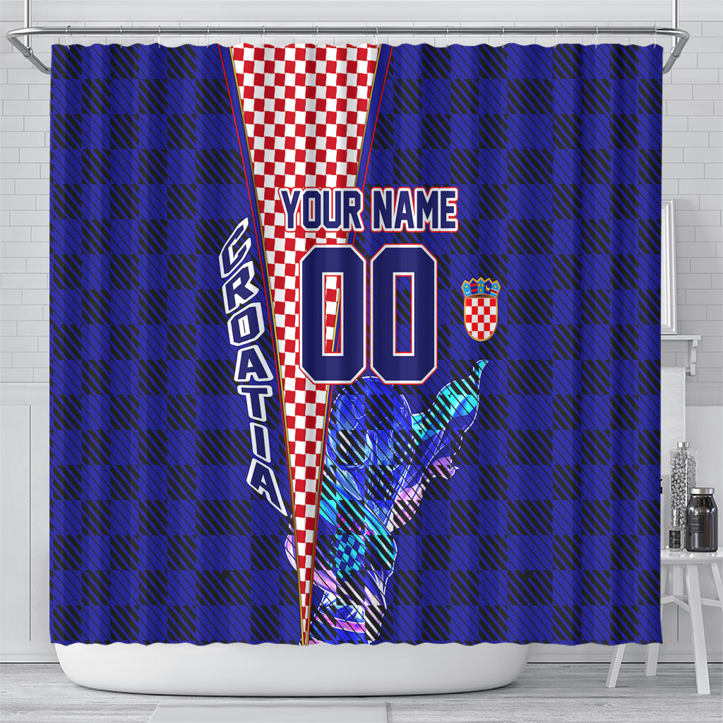 Personalized Croatia Football Shower Curtain Checkerboard Graphic - Golden Champion Trophy And Flag