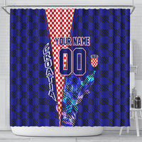 Personalized Croatia Football Shower Curtain Checkerboard Graphic - Golden Champion Trophy And Flag
