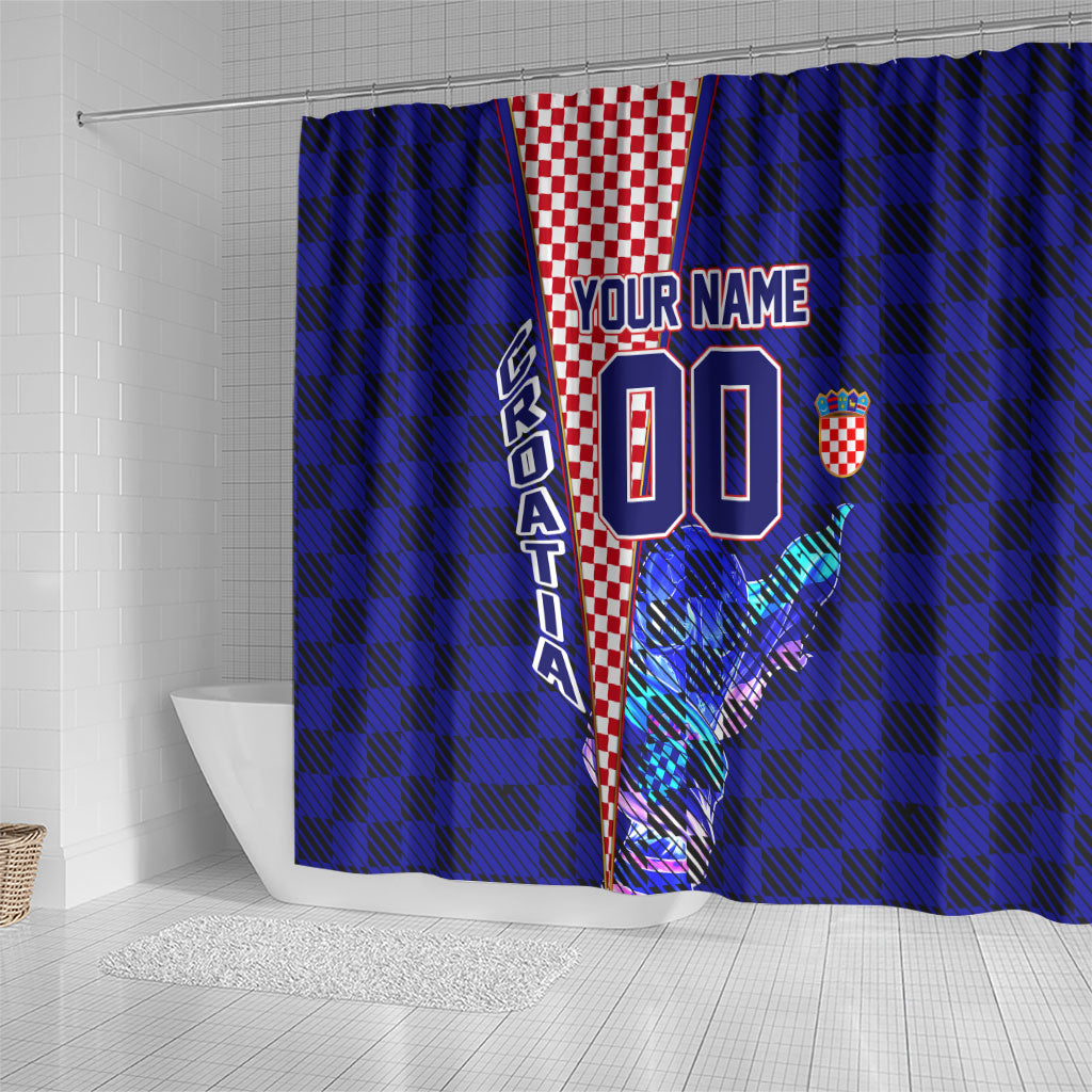 Personalized Croatia Football Shower Curtain Checkerboard Graphic - Golden Champion Trophy And Flag