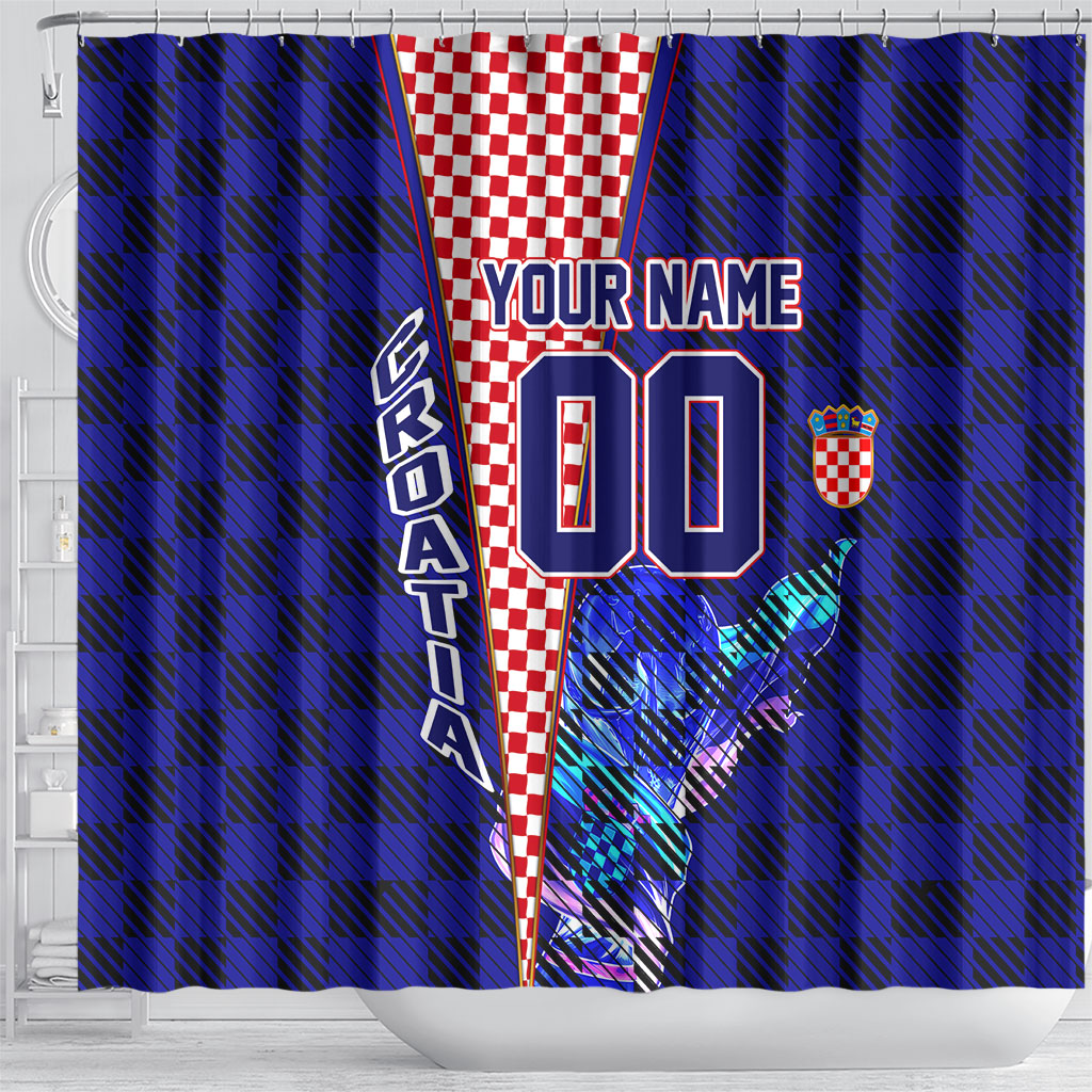 Personalized Croatia Football Shower Curtain Checkerboard Graphic - Golden Champion Trophy And Flag