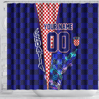Personalized Croatia Football Shower Curtain Checkerboard Graphic - Golden Champion Trophy And Flag