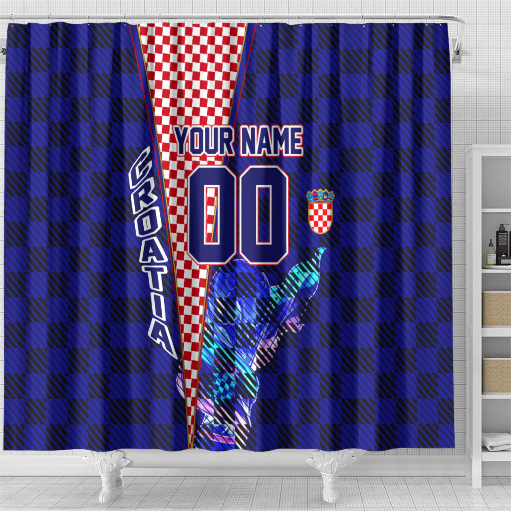Personalized Croatia Football Shower Curtain Checkerboard Graphic - Golden Champion Trophy And Flag